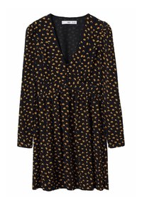 Robe noire à manches longues, col en V profond, avec un motif floral jaune. Dotée d'un corsage cintré et d'une jupe évasée. Confectionnée en tissu léger.