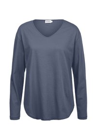 Langärmliges blaues Hemd mit V-Ausschnitt, aus weichem Material; hat eine lockere Passform und einen abgerundeten Saum am unteren Ende.