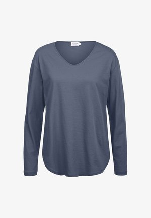 Langärmliges blaues Hemd mit V-Ausschnitt, aus weichem Material; hat eine lockere Passform und einen abgerundeten Saum am unteren Ende.