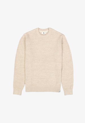 Cremefarbener Strickpullover mit einem strukturierten, gerippten Muster und rundem Ausschnitt. Mit langen Ärmeln sowie geripptem Saum und Bündchen.