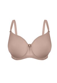 Beżowy biustonosz z drutem, z gładkimi miseczkami, regulowanymi ramiączkami oraz kokardką na środku. Wykonany z miękkiego materiału, o bezszwowym fasonie.