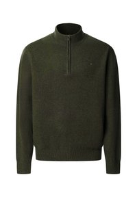 Suéter de punto verde con cremallera en el cuello, fabricado en una tela suave. Presenta un cuello, puños y dobladillo acanalados; textura lisa con un ligero brillo.