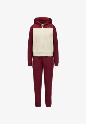 Felpa con cappuccio con zip rossa e crema, con cappuccio ampio e tasche frontali, abbinata a pantaloni della tuta rossi coordinati con polsini elasticizzati e logo.