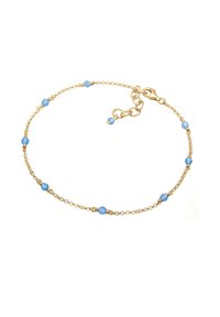 Bracelet en chaîne dorée avec de petites perles bleu clair espacées uniformément. Comprend un fermoir en homard et une chaîne réglable pour une personnalisation de la taille.