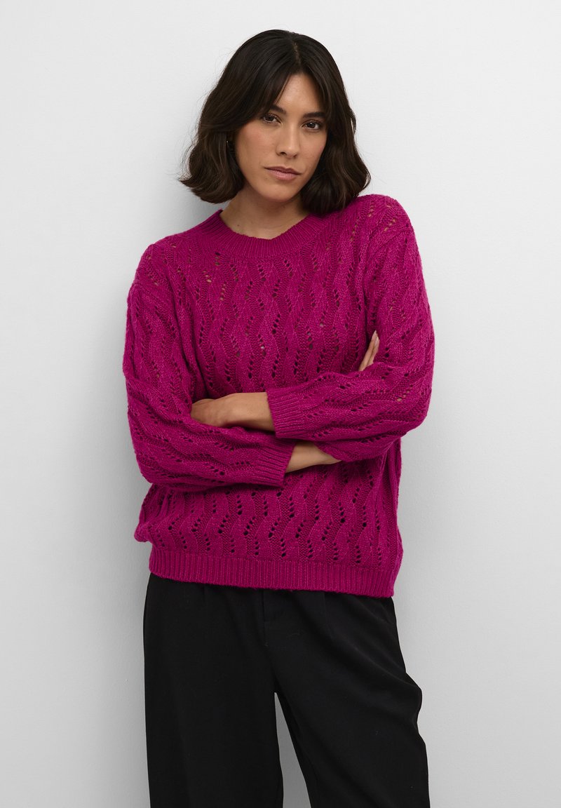 Maglione lavorato a maglia in un vivace fucsia, con un motivo a zigzag aperto, bordo e polsini a costine, dalla vestibilità rilassata e scollo rotondo.