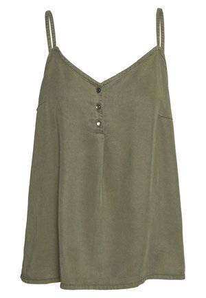 Olivengrøn ærmeløs top med tynde stropper, V-udskæring og tre små knapper midt foran.