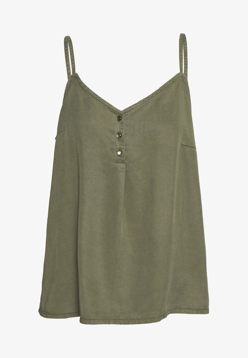 Top sans manches vert olive avec fines bretelles, encolure en V et trois petits boutons au centre devant.