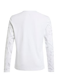Wit sportshirt met lange mouwen, voorzien van een textuur van driehoekige patronen op de mouwen, een ronde hals en een soepele stof voor comfort.