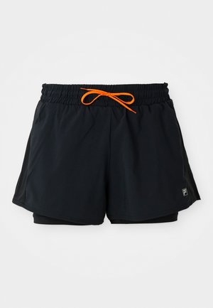 Black athletic shorts with an elastic waistband, featuring an orange drawstring, and a logo detail on the side. Inner lining is black.