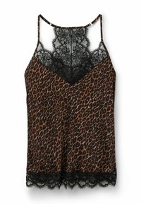 Leopardprint-nattøj i brun og sort med justerbare stropper, der har en sort blonderdetalje ved halsudskæringen og sømmen. Blødt, flydende stof.