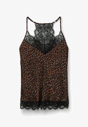 Camiseta sin mangas de estampado de leopardo en marrón y negro con tirantes ajustables, que presenta un detalle de encaje negro en el escote y el dobladillo. Tejido suave y fluido.