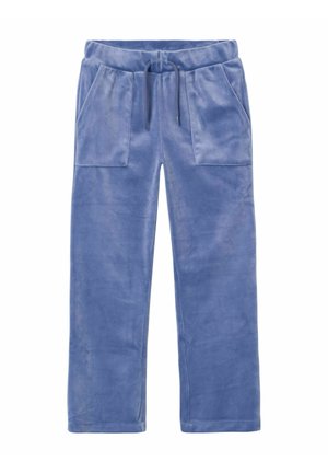 Miękkie niebieskie spodnie z weluru z elastycznym paskiem w talii, sznurkiem do regulacji i dużymi przednimi kieszeniami naszywanymi, ukazane na płasko.