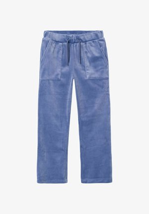 Miękkie niebieskie spodnie z weluru z elastycznym paskiem w talii, sznurkiem do regulacji i dużymi przednimi kieszeniami naszywanymi, ukazane na płasko.