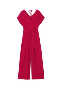 Jumpsuit fucsia con maniche corte, scollo a V, chiusura a fiocco sul retro e gambe larghe. Tessuto testurizzato con cintura in tessuto coordinato in vita.