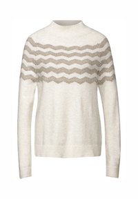 Hellbeiges Sweatshirt mit hohem Kragen, das ein wellenförmiges braunes Muster auf der Brust zeigt, sowie gerippte Bündchen und Saum. Weiche Textur.