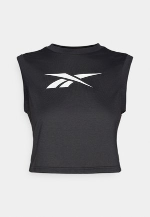 Top negro recortado sin mangas hecho de una tela suave, con un logo blanco prominente en el frente y un escote redondeado.
