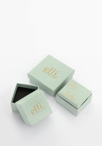 Turquoise paper boxes with gold "elli" branding. One square, one slightly larger, and one smaller with a black insert.