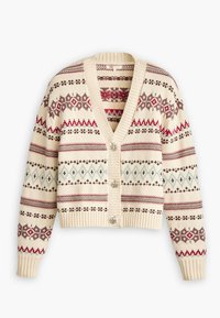 Cream cardigan featuring a V-neck, long sleeves, and decorative patterns in red, brown, and blue, with silver button accents and ribbed cuffs.