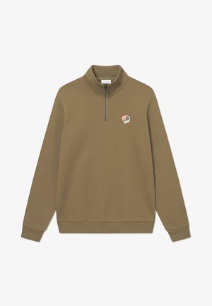 Olivengrøn pullover sweater med halv-zip krave, ribstrikkede manchetter og kant, samt et lille broderet blomstermotiv på brystet.