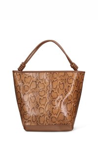 Borsa tote marrone con stampa maculata, con una texture liscia, base solida e due manici nodati marroni. Ideale per un uso casual.