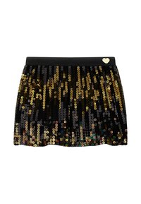 Gonna nera decorata con paillettes dorate lucide e multicolori, con una vita elastica e un piccolo logo a forma di cuore.