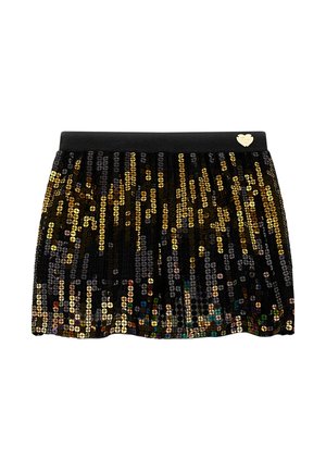 Gonna nera decorata con paillettes dorate lucide e multicolori, con una vita elastica e un piccolo logo a forma di cuore.