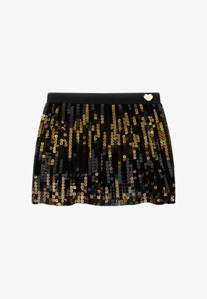 Juodas sijonas, puoštas blizgiais auksiniais ir spalvotais blizgučiais, su elastinga liemene ir mažyte širdelės logo akcentu.