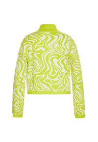 Gekürzter Pullover in leuchtendem Limettengrün und Weiß, mit einem wirbelnden abstrakten Muster, langen Ärmeln und einem Polokragen.