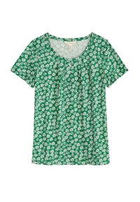 Camicetta verde a maniche corte con motivo floreale e fiori bianchi, collo rotondo e piccole pieghe sul davanti.