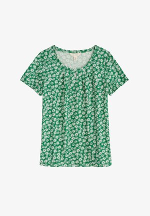 Zelená košile s krátkým rukávem s květinovým vzorem a bílými květy, kulatým výstřihem a jemným nařasením na přední části.