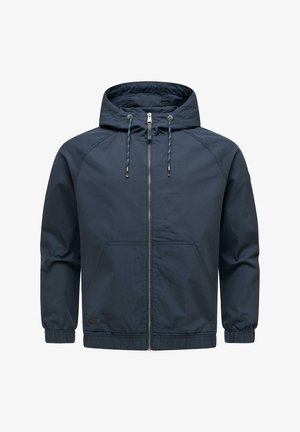 Navy blue hooded jacket with front zipper, adjustable drawstring hood, elastic cuffs, and front kangaroo pocket.