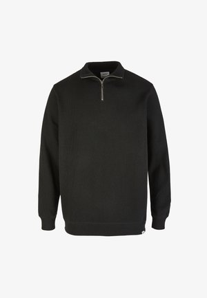 Black pullover made of woven material with a quarter-zip collar, long sleeves, and a ribbed hem. Features subtle stitching accents.
