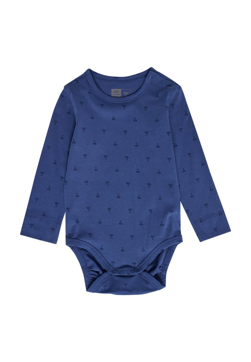 Långärmad baby bodysuit i mörkblå bomull med små svarta blommönster, tryckknappar vid axeln och botten för enkel påklädning.