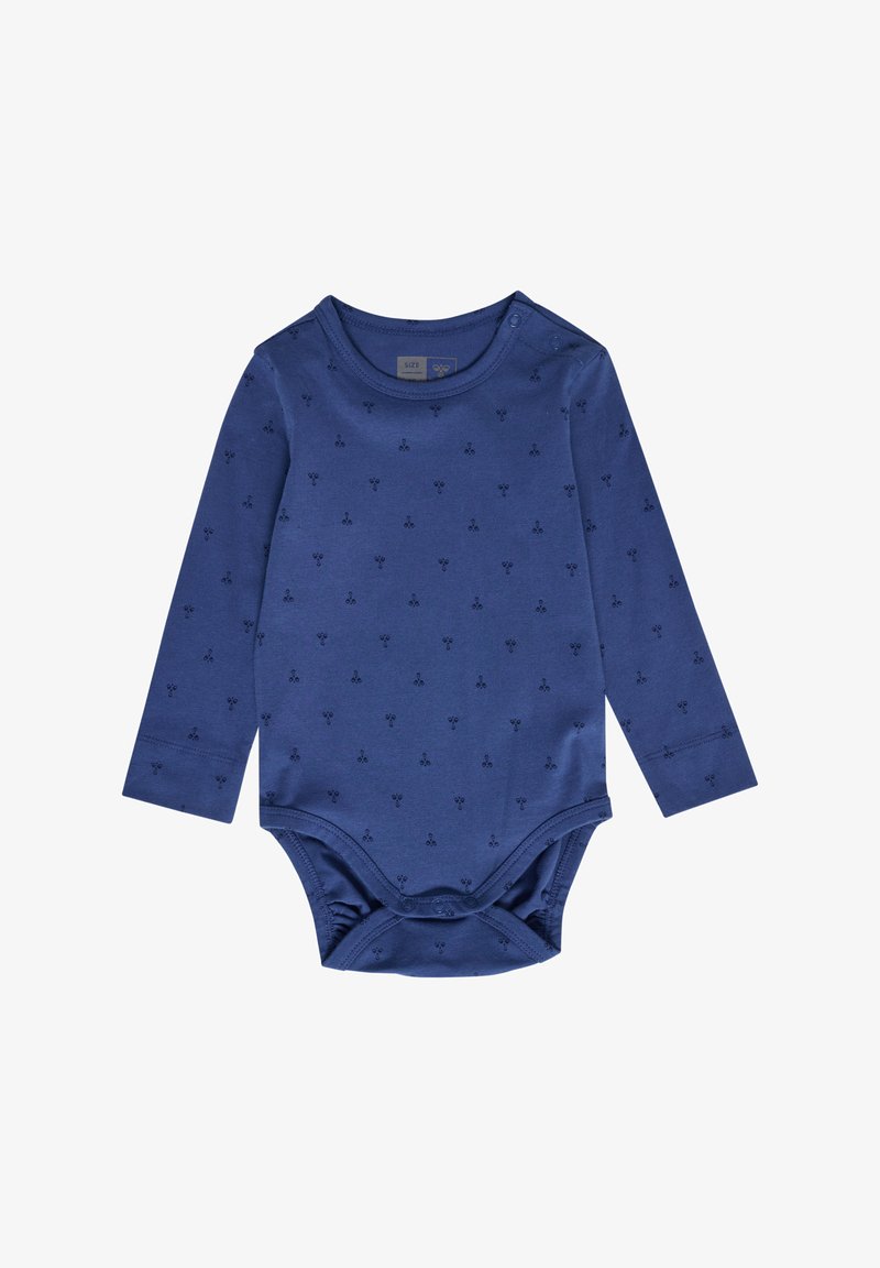 Långärmad baby bodysuit i mörkblå bomull med små svarta blommönster, tryckknappar vid axeln och botten för enkel påklädning.