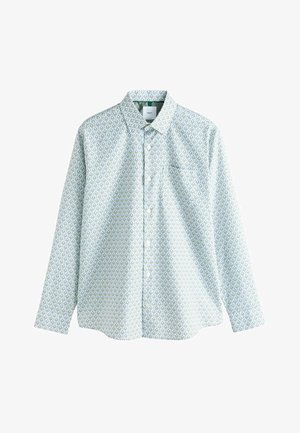 Langärmeliges Hemd in Hellblau mit wiederholtem grünem Blattmuster, Knopfleiste vorne und einer Brusttasche. Aus Baumwollmaterial.