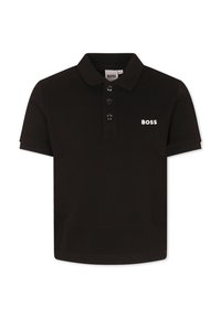 Black polo shirt made of textured fabric with a collar, three button placket, and white "BOSS" logo on the left chest.