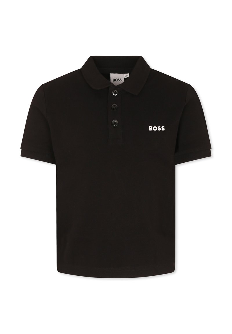 Black polo shirt made of textured fabric with a collar, three button placket, and white "BOSS" logo on the left chest.