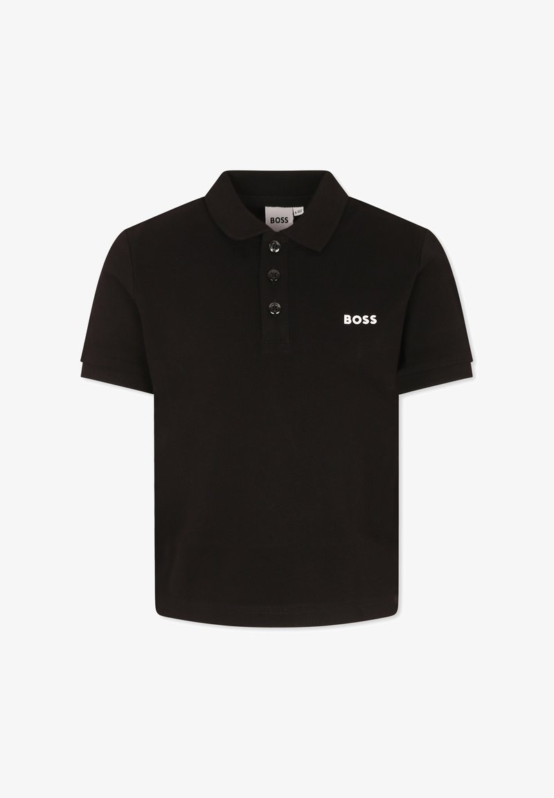 Polo noir en tissu texturé avec un col, une patte de boutonnage à trois boutons et un logo "BOSS" blanc sur la poitrine gauche.