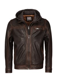 Donkerbruine leren jas met een ritssluiting aan de voorkant, een borstzak met rits, zijzakken en een aangehechte grijze stoffen capuchon.