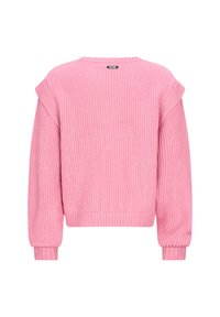 Różowy sweter z prążkowanego dzianiny o luźnym kroju, szerokich ramionach i długich rękawach. Posiada skrócony dół oraz metkę przy dekolcie.