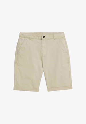 Pantaloni corti in cotone beige con chiusura a bottone, due tasche frontali e orlo arrotolato. Tessuto liscio e design su misura adatto per un look casual.