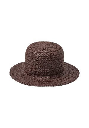 Brun flettet stråhat med en mellemstor, let blød skygge og en rundet krone.