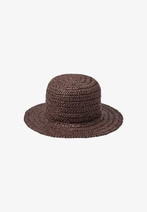 Brun flettet stråhat med en mellemstor, let blød skygge og en rundet krone.