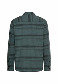 Langärmliges Hemd in Dunkelgrün mit vertikalen Streifen in dunkleren Farbtönen. Rückansicht mit geknöpften Manschetten und klassischem Kragen.
