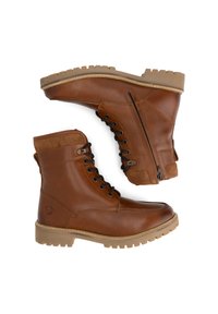 Bruine leren wandelschoenen met een ribbelzool, voorzien van een vetersluiting aan de voorkant, een zijrits en suède accenten op de kraag.