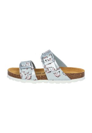 Silver sandals with dual adjustable straps, cork footbed, and white rubber sole. Features animal graphics and a smooth texture.