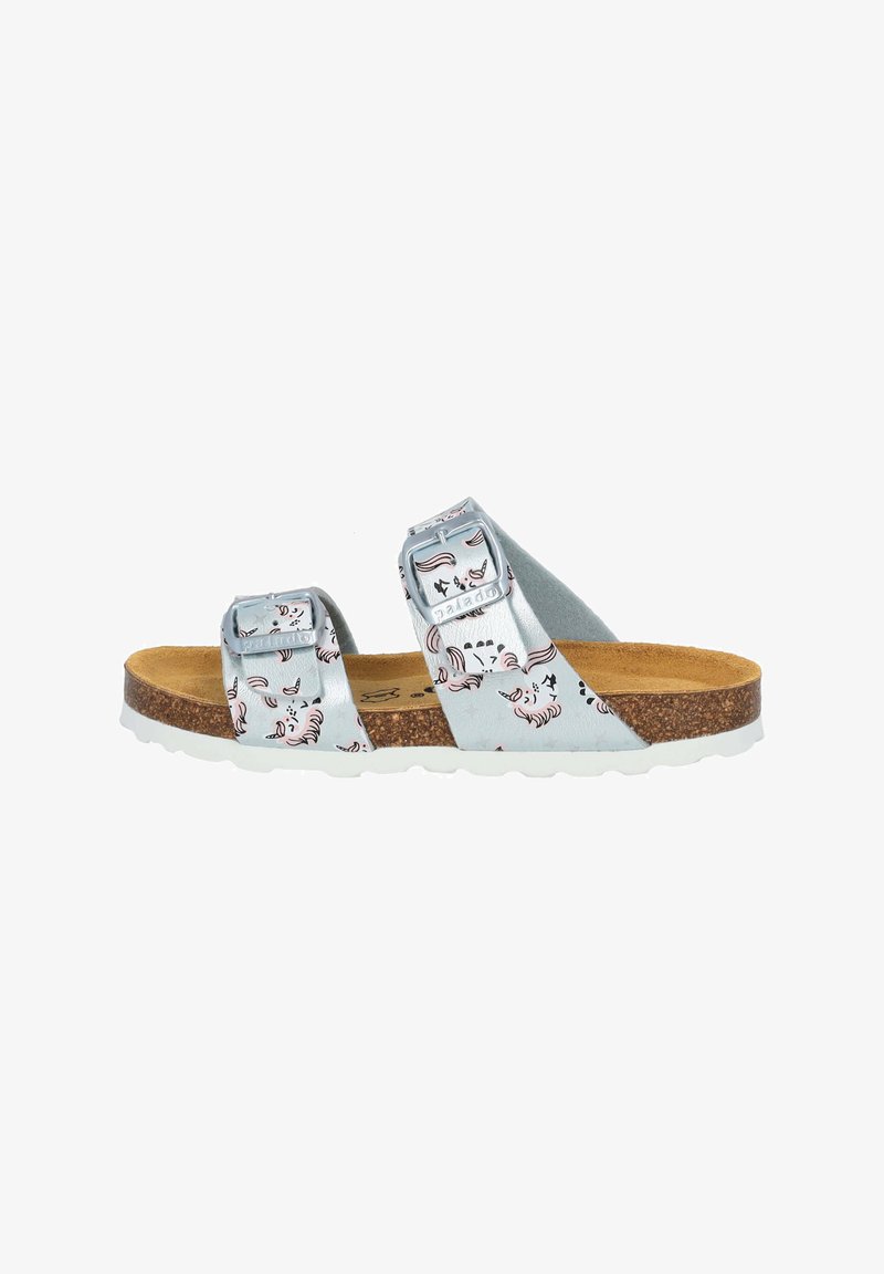 Silberne Sandalen mit doppelten verstellbaren Riemen, Korkfußbett und weißer Gummisohle. Sie verfügen über Tiergrafiken und eine glatte Oberfläche.