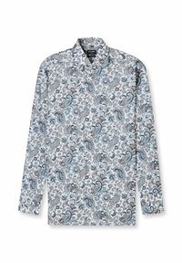 Langärmeliges Hemd mit weißem Hintergrund und blau-grauem Paisley-Muster. Glatte Textur und klassisches Kragendesign.