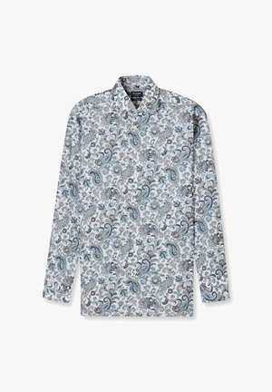 Langärmeliges Hemd mit weißem Hintergrund und blau-grauem Paisley-Muster. Glatte Textur und klassisches Kragendesign.