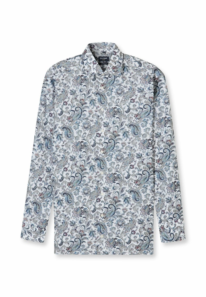 Langärmeliges Hemd mit weißem Hintergrund und blau-grauem Paisley-Muster. Glatte Textur und klassisches Kragendesign.